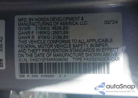 2024 Honda Accord Hybrid Sport из США, поврежденный, VIN 1HGCY2F5XRA046092